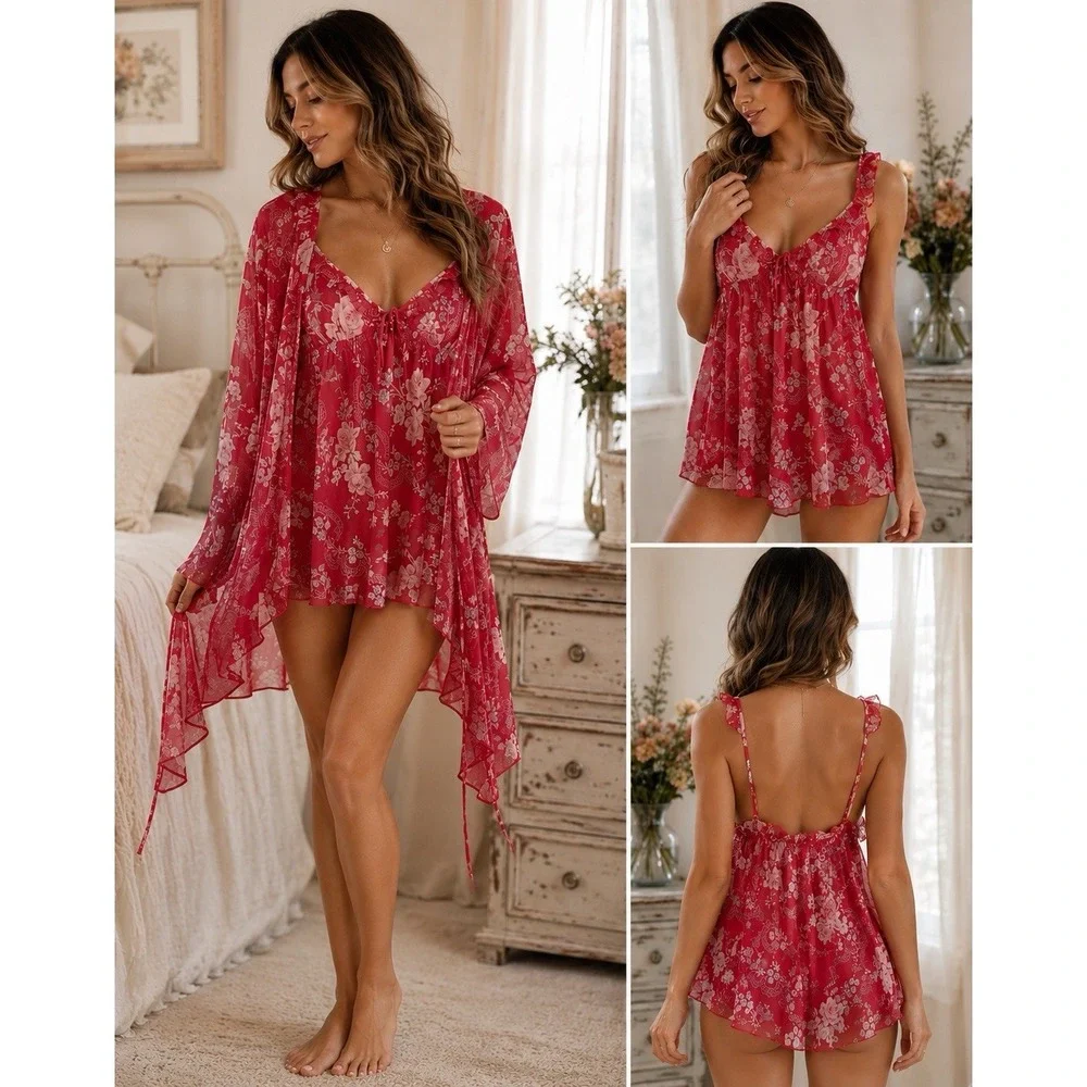 Victoria's Secret Raspberry Pink Peignoir Set Nightie and Robe M Babydoll 0444